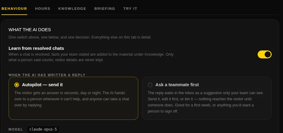 AI behaviour settings with the two reply modes