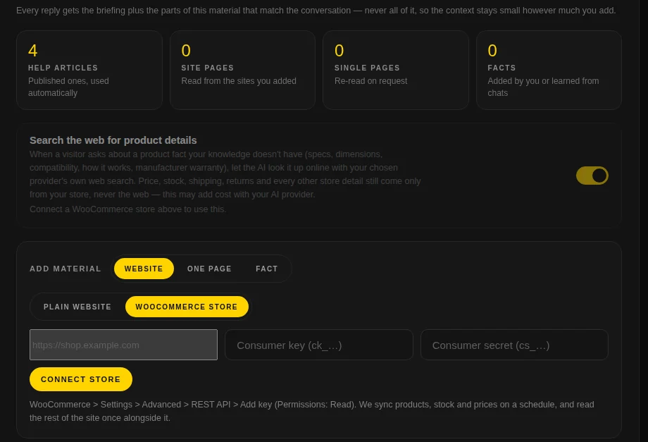 Knowledge tab with the WooCommerce store connection form