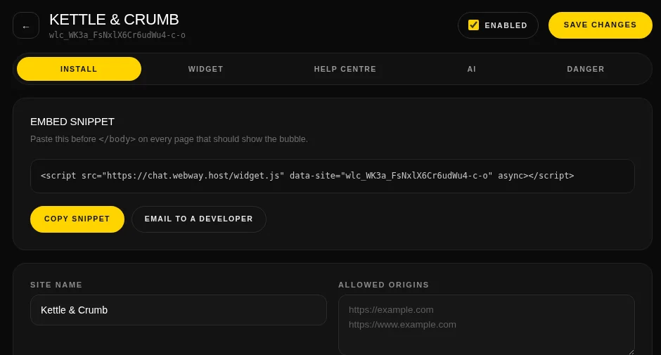 Embed snippet on the Install tab